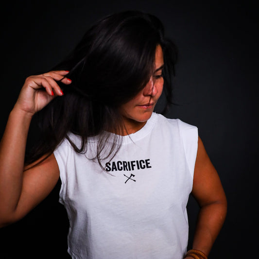 Sacrifice - Ladies Crop Tank - White - Live Restless, LLC.
